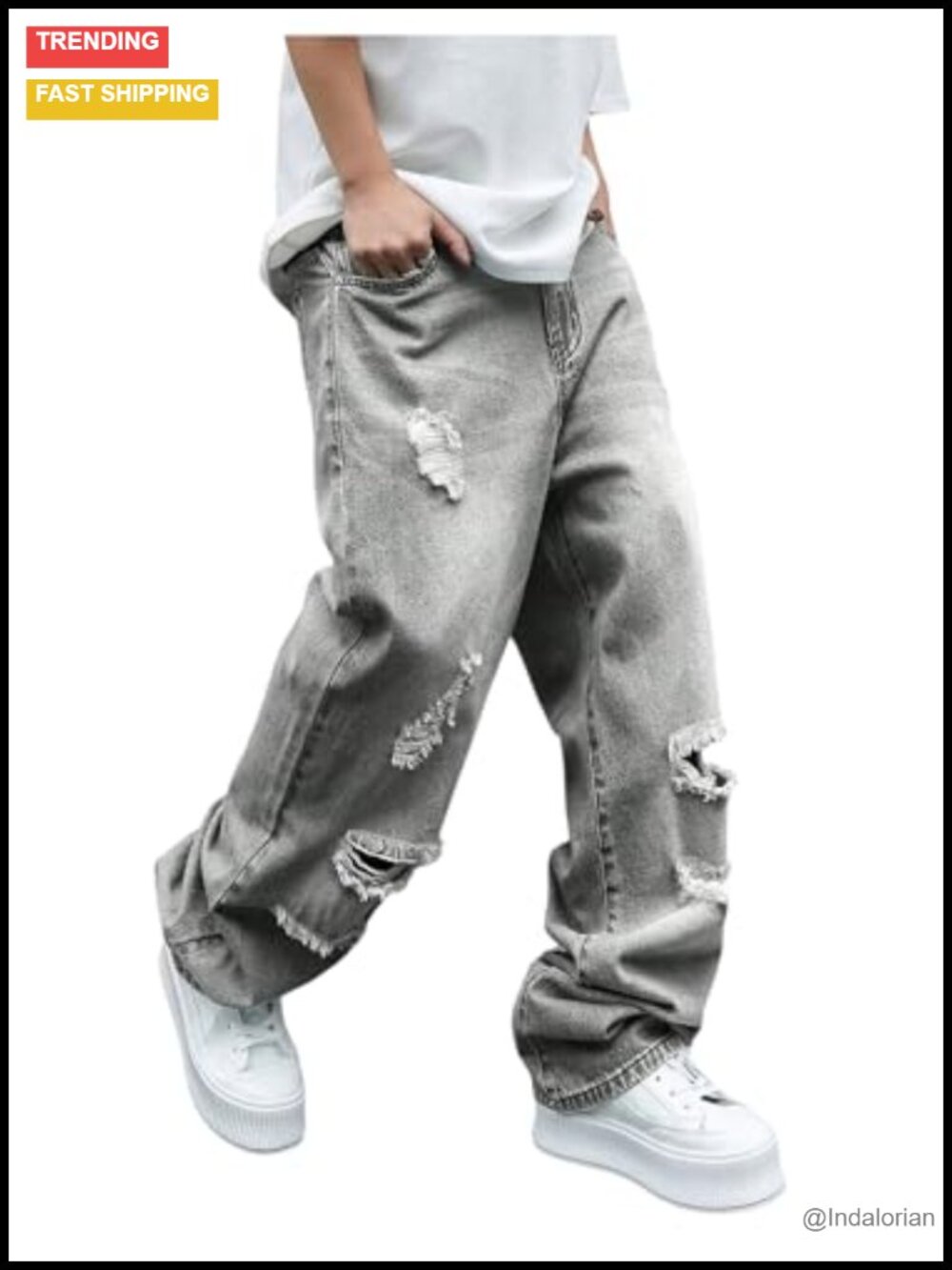 Baggy Ripped Wide Leg Jeans Men's Distressed Denim Pants Streetwear